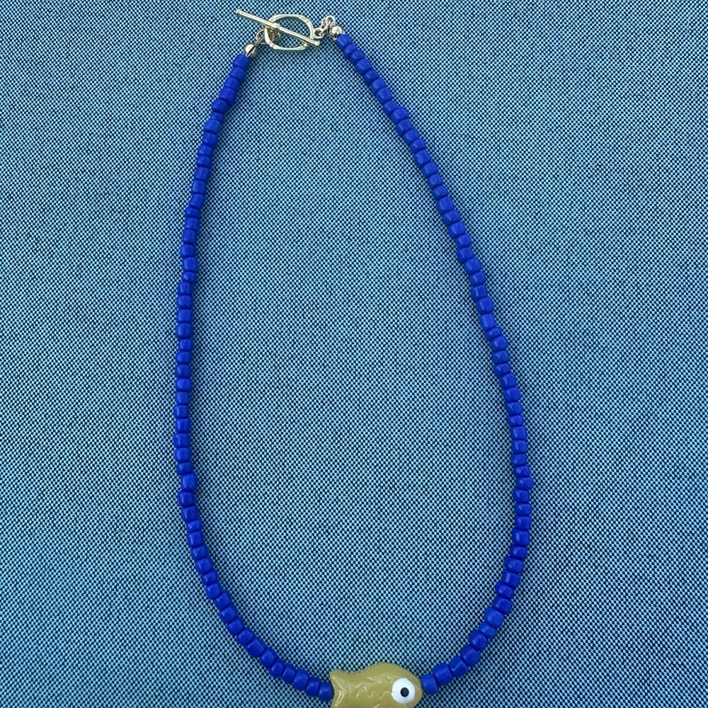 Blue Beaded Necklace with Fish Pendant